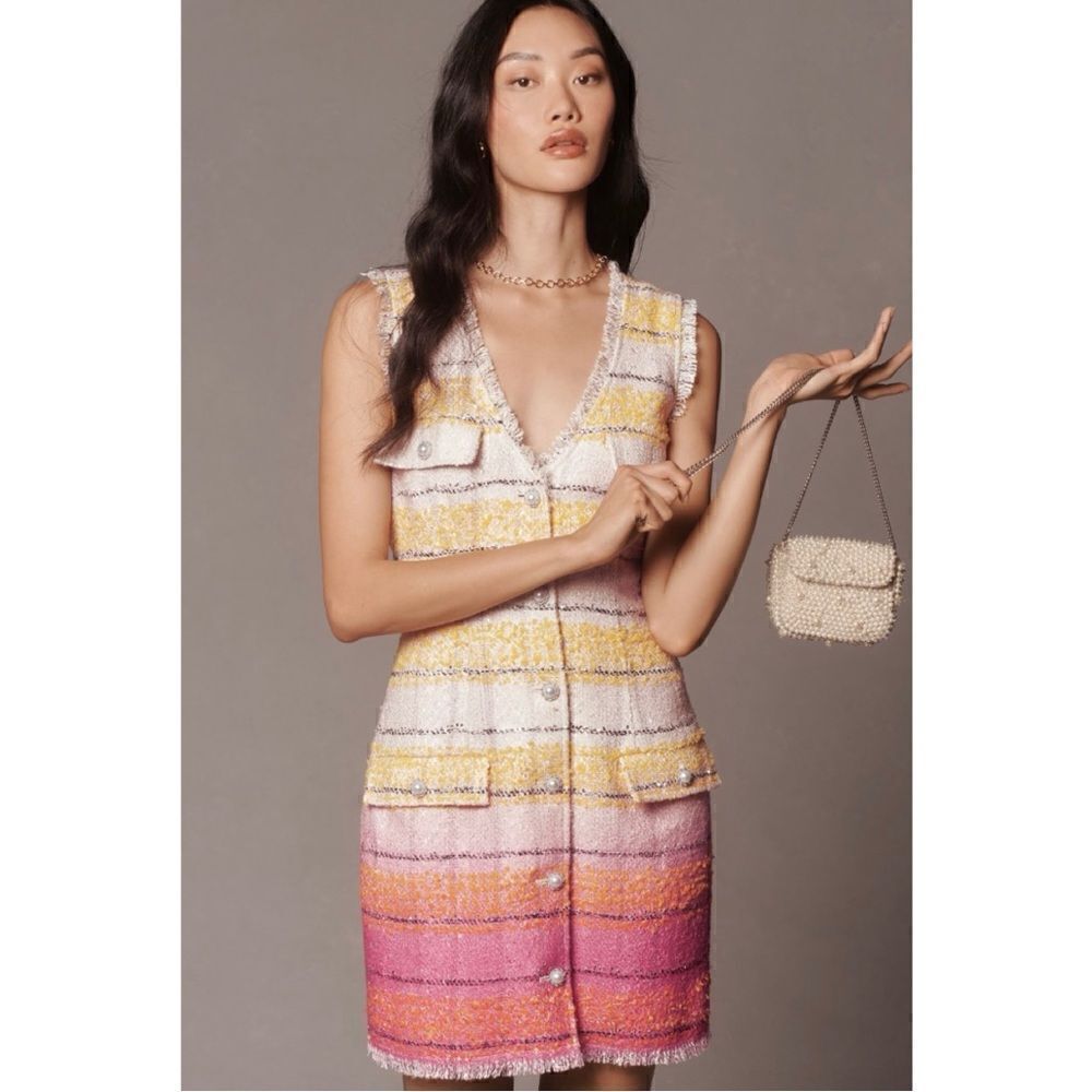NEW Anthropologie Maeve Sleeveless Tweed Pink Stripe Ombre Mini Dress Size 0 & 4